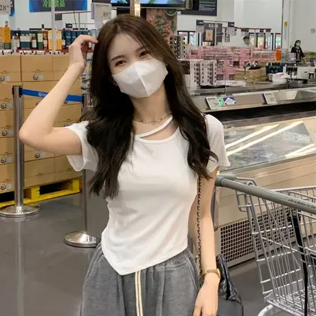 设计感小众不规则短袖T恤女夏ins潮辣妹短款高腰修身显瘦上衣服商品大图
