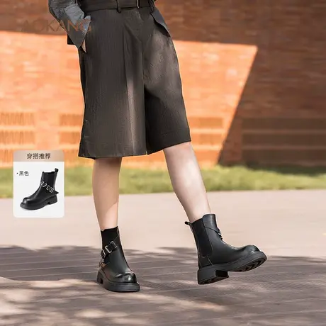 奥康 女鞋冬季厚底英伦风烟筒靴皮带扣机车增高显瘦时装靴商品大图