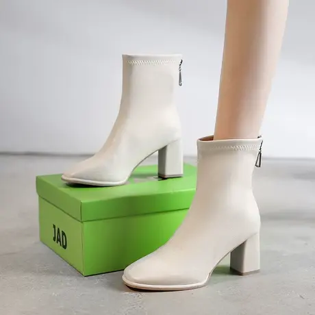 法式瘦瘦靴女夏季2023新款百搭粗跟方头短靴配裙子洋气高跟马丁靴图片