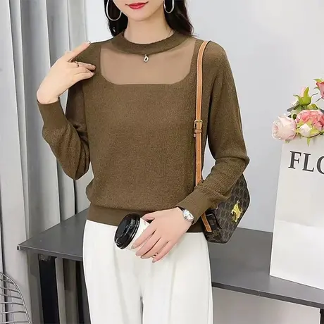 洋气蕾丝网纱打底衫女内搭2023年秋冬装半高领修身百搭针织衫上衣商品大图