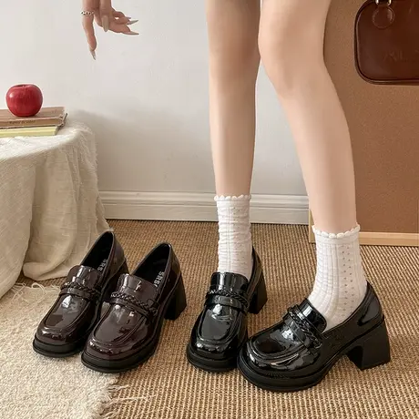 英伦风粗跟乐福鞋女2025秋季新一脚蹬增高小皮鞋学院风小个子单鞋商品大图