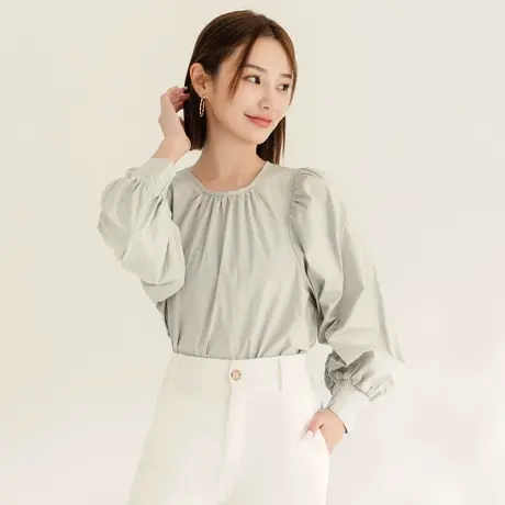 桔熊早秋季简约小衫通勤纯色泡泡袖圆领上衣女胖妹妹大码AB18936图片