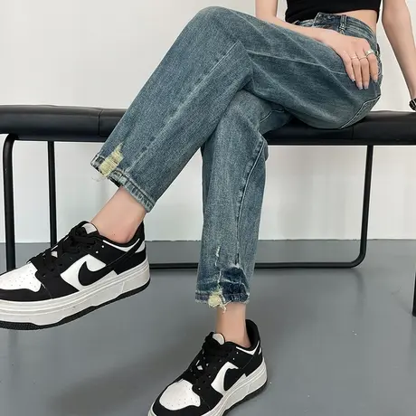 老爹牛仔裤女2023年春秋新款高腰直筒宽松显瘦复古做旧九分哈伦裤商品大图