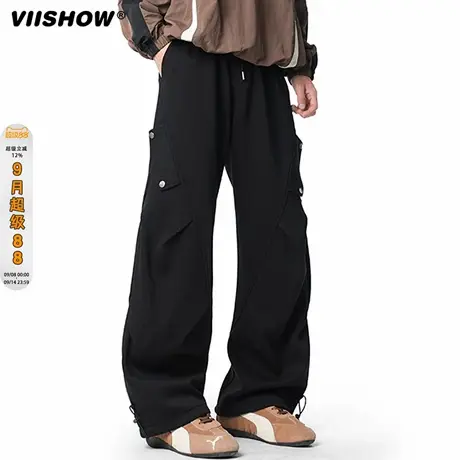 VIISHOW秋季美式重磅加厚褶皱工装裤男宽松潮流阔腿百搭休闲长裤商品大图
