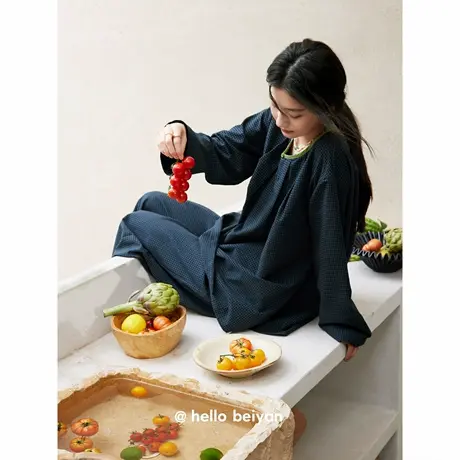 贝妍长袖睡衣女款春秋季复古格纹柔软棉家居服慵懒风宽松大码套装商品大图