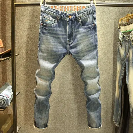 怀旧牛仔裤男款修身小直筒弹力裤子高端水洗复古耐磨青年长裤厚款商品大图