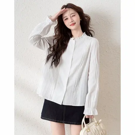 唐狮春季新款女圆领木耳边长袖衬衫纯色花瓣袖设计感文艺衬衣TM商品大图