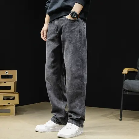 弹力直筒牛仔裤男2023新款秋冬款加绒加厚宽松大码潮牌长裤子男裤图片
