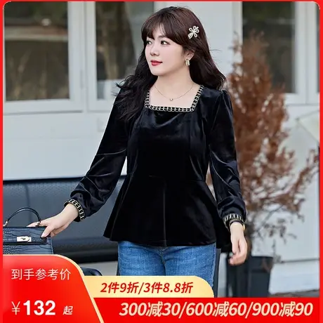 2023秋冬新款气质法式方领收腰显瘦遮肚大码胖妹妹丝绒长袖上衣女图片