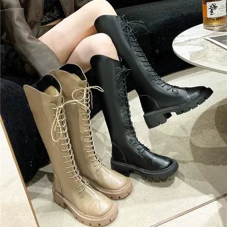 长筒靴女2023春秋季新款复古时尚小众设计感瘦瘦靴粗跟厚底骑士靴图片