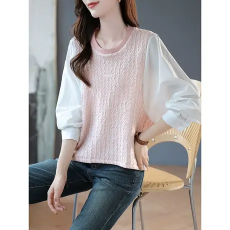 宝诗黎圆领字母亮丝拼接卫衣褶皱长袖宽松薄上衣T恤2023秋季新款商品大图