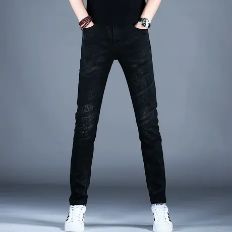 高端印花黑色牛仔裤男款小脚修身2023新款秋冬美式高街裤子潮牌男商品大图