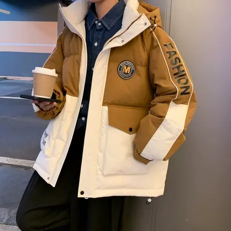 正品男女潮牌羽绒服拼色保暖时尚外套白鸭绒情侣款加厚羽绒面包服图片