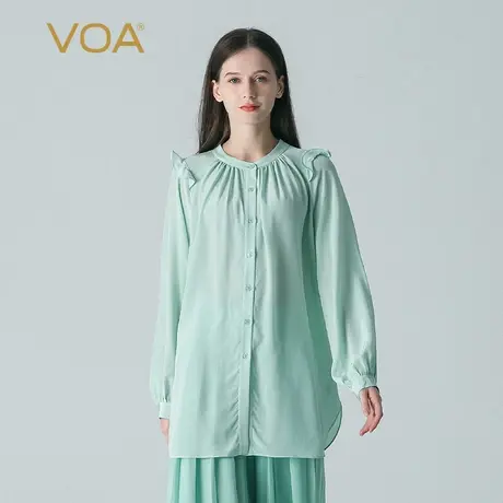 VOA桑蚕丝双绉翠绿半高领长袖荷叶边飘带装饰单排扣百搭真丝衬衫图片