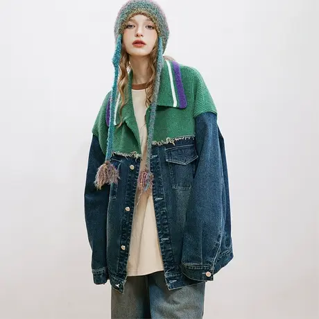 复古针织拼接牛仔外套女春秋2023年新款美式潮牌街头宽松夹克上衣商品大图