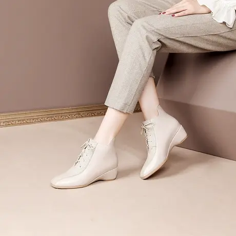 真皮马丁靴女百搭中跟小短靴2023秋冬季新款坡跟单靴大码圆头靴子商品大图