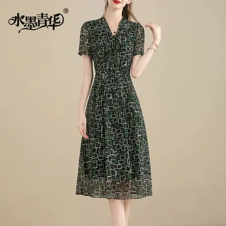 水墨青华2024新款夏季时尚花色飘带领大摆裙中长款显瘦雪纺连衣裙商品大图