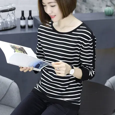 2025新款春装条纹圆领胖MM妈妈中袖t恤上衣女装韩版七分袖打底衫商品大图