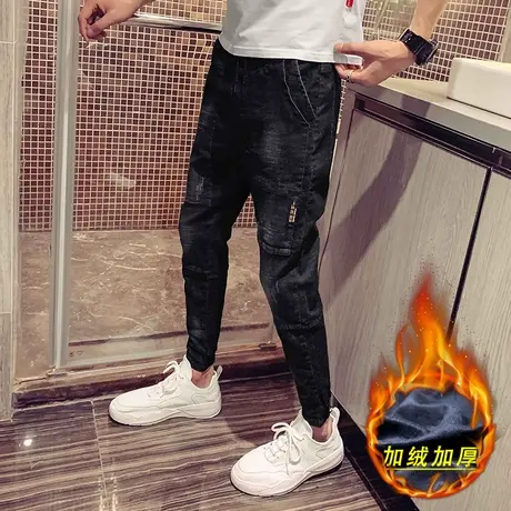 秋冬季潮牌时尚休闲加绒加厚牛仔裤ins修身社会小伙牛仔裤束腿裤商品大图