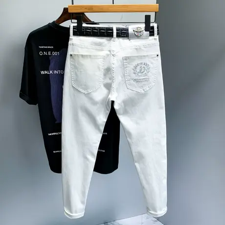 夏季新款牛仔裤男直筒修身韩版潮流百搭学生裤子男士印花白色长裤商品大图