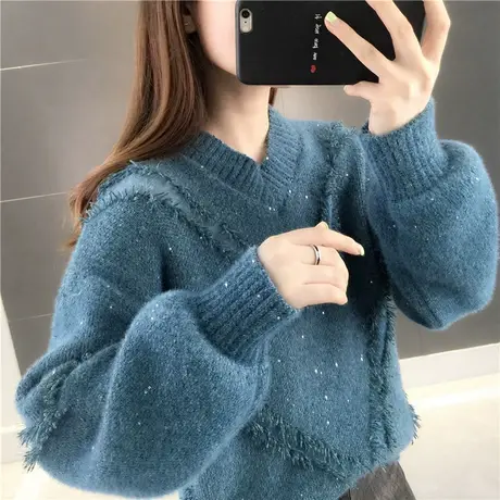 套头女士毛衣秋装2023新款宽松慵懒V领雪尼尔外穿针织衫上衣长袖商品大图