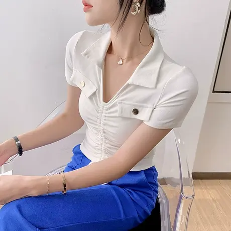 网红性感V领T恤女短袖欧货高腰短款小衫紧身抽绳上衣设计感女小众商品大图