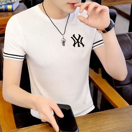 夏天冰丝针织短袖t恤男士潮流透气潮牌体恤男装冰麻韩版半袖衣服商品大图