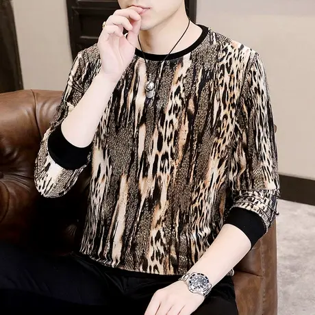 痞帅秋装潮牌个性扎染金丝绒圆领卫衣男欧货烫金提花高街长袖t恤图片