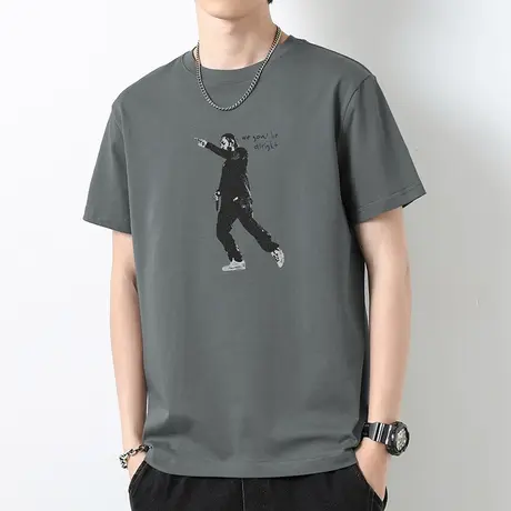 重磅纯棉t恤男士短袖潮牌印花夏季半袖液氨长绒棉全棉圆领上衣服商品大图