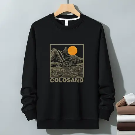 350g重磅国潮卫衣男秋冬款黑色长袖t恤摇粒绒保暖圆领无帽上衣服商品大图