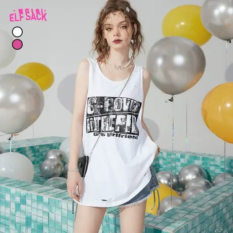 【商场同款】妖精的口袋白色无袖t恤女2023夏新款宽松不规则上衣商品大图