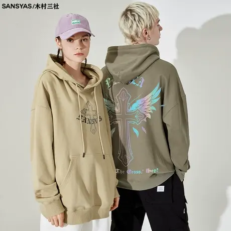 木村三社SANSYAS 反光设计秋冬连帽卫衣男宽松美式复古外套上衣商品大图