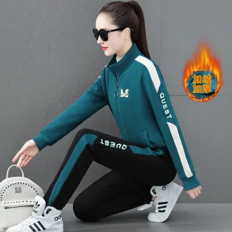 加绒加厚运动套装女秋冬新款时髦羊羔绒拉链卫衣外套休闲服两件套图片