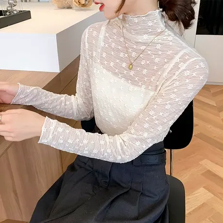 春秋叠穿半高领蕾丝打底衫女洋气透视长袖网纱上衣性感内搭小衫女图片