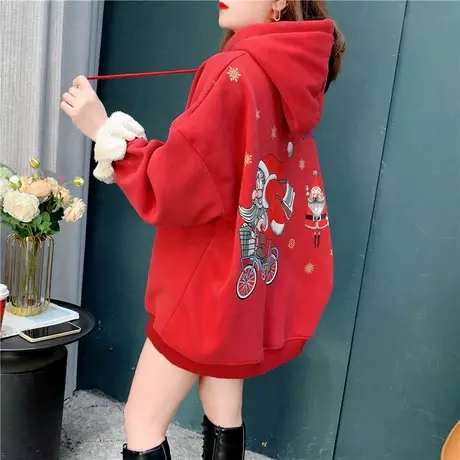 加绒加厚连帽卫衣女2021秋冬新款洋气减龄宽松设计感新年红色外套图片