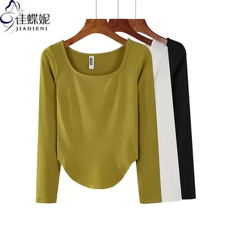 春秋新款大圆领修身纯棉纯色短款燕尾摆长袖T恤纯白上衣内搭女装商品大图