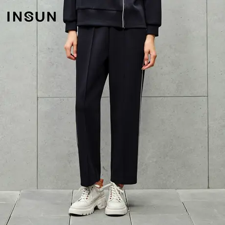 INSUN恩裳线上专选秋季解构分割线弹力直筒休闲裤图片
