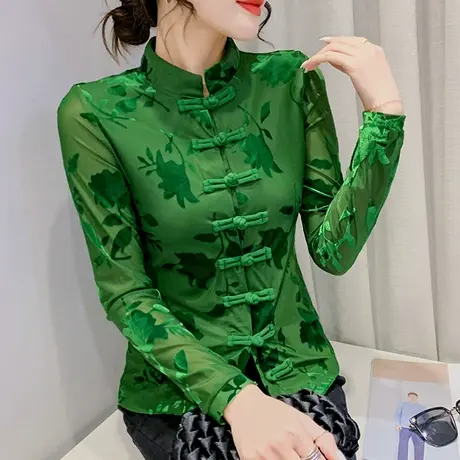 性感网纱盘扣打底衫女长袖春季新款复古植绒印花上衣改良国风唐装图片