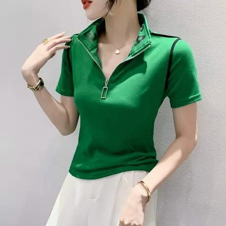 欧货拉链翻领上衣女短袖时尚个性设计感T恤夏装洋气百搭修身小衫图片
