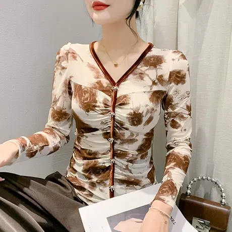 气质减龄V领T恤女长袖扎染印花褶皱上衣洋气修身外穿显示打底衫求商品大图