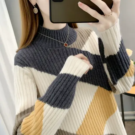 女士高领拼色毛衣女冬加厚宽松外穿2022年新款爆款时尚洋气秋慵懒商品大图