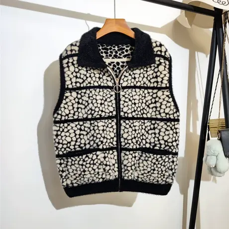 豹纹毛衣马甲开衫女秋冬2023年新款仿水貂绒时尚马夹背心拉链外套商品大图