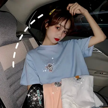 2023夏季星空亮片短袖T恤女慵懒风刺绣简约欧货宽松打底半袖上衣商品大图