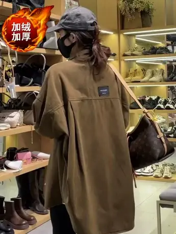 加绒百搭纯色长袖衬衣外套女装秋冬季外搭大码宽松显瘦中长款衬衫商品大图