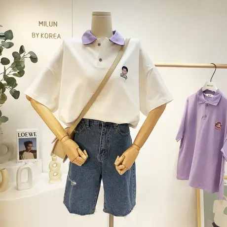 2021夏秋新款韩国东大门ins短袖上衣小众设计感polo领T恤学生宽松图片