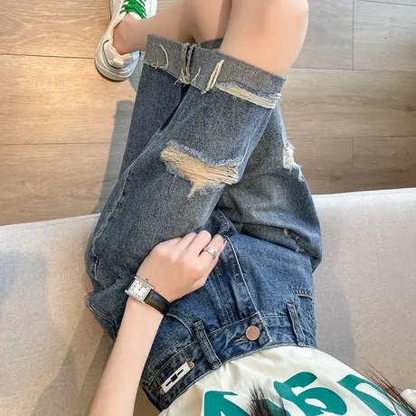 破洞牛仔短裤女五分夏季薄款高腰直筒宽松显瘦ins大码阔腿中裤潮商品大图