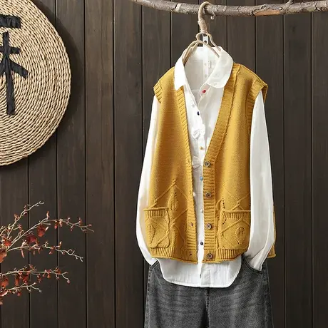 枫谜秋季新款镂空钩花复古V领棉线针织开衫韩版宽松无袖毛衣图片