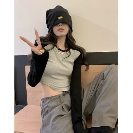 甜辣妹短款长袖T恤女装秋季2024新款撞色设计心机显瘦修身小上衣图片