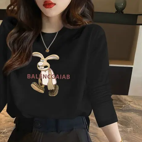 2023春秋装纯棉黑色内搭打底衫体恤上衣服女士百搭宽松长袖t恤女图片