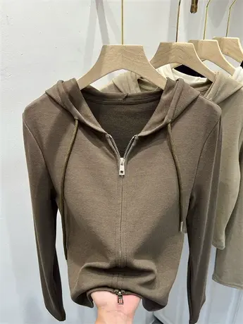 双拉链云梯棉连帽衫长袖直筒针织开衫女2023早秋款休闲运动打底衫图片